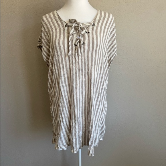Torrid Taupe White Stripe Crepe Lace Up Flowy Blouse Womens 4X Beach Vacation - Picture 1 of 6